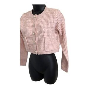 Jessica Simpson pink‎ textured knit pearl button crop cardigan sweater jacket